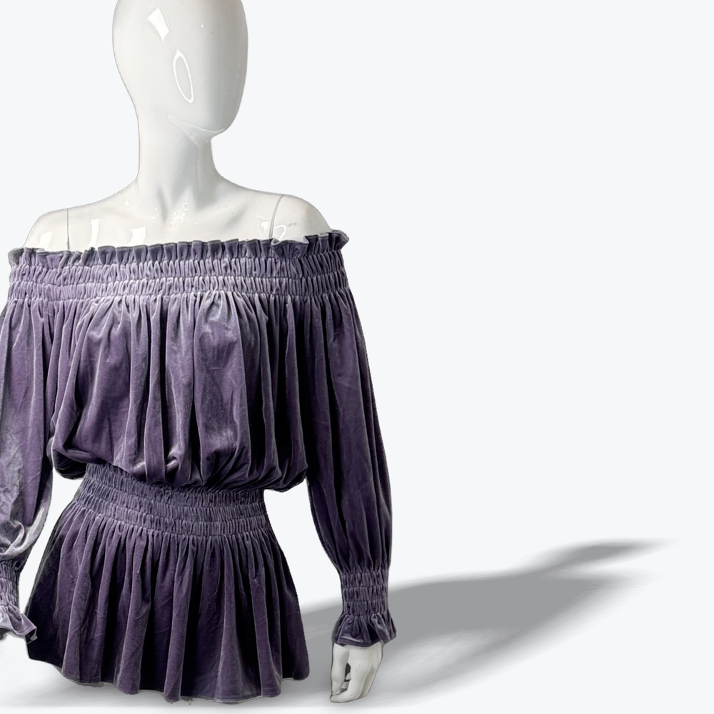 Norma Kamali  Tunic Top Off Shoulder Lavender Purple Velvet Smocked XS 34